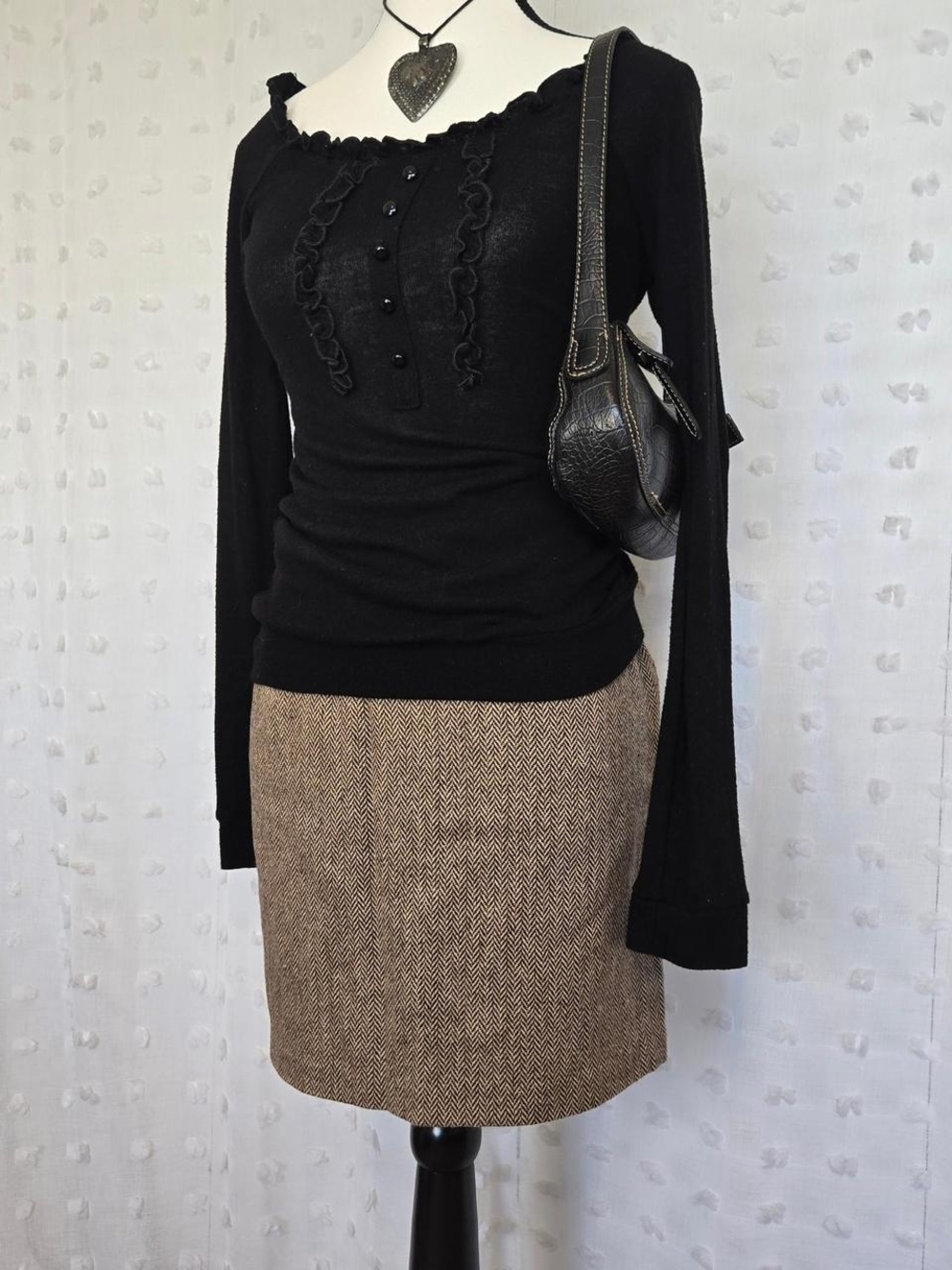 Vintage 90s Classic Brown Herringbone Pencil Skirt - Women's